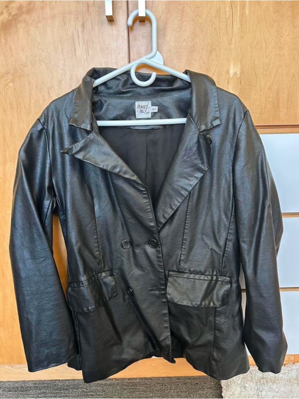 Princess Polly Black Faux Leather Double-Breasted Jacket Blazer